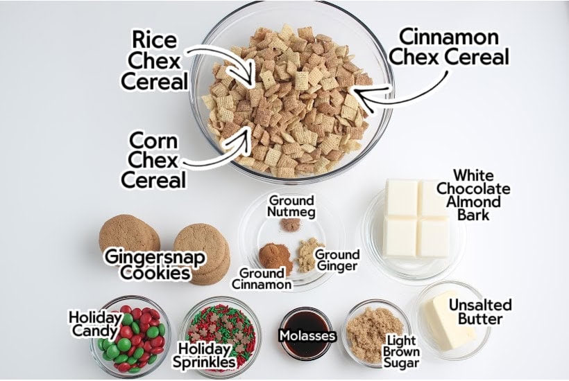 Ingredients to make gingerbread chex mix with labels.