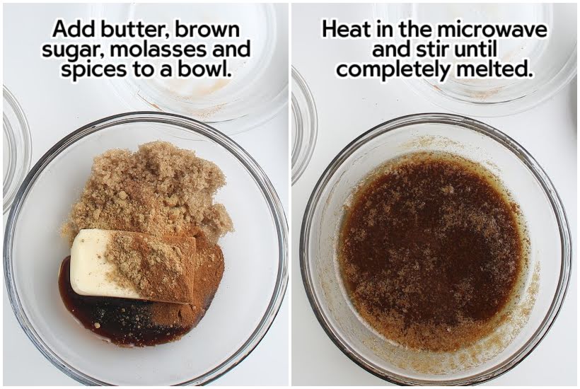 Two photo collage of the butter, brown sugar, molasses and spices in a bowl and after heating the mixture with text overlay.