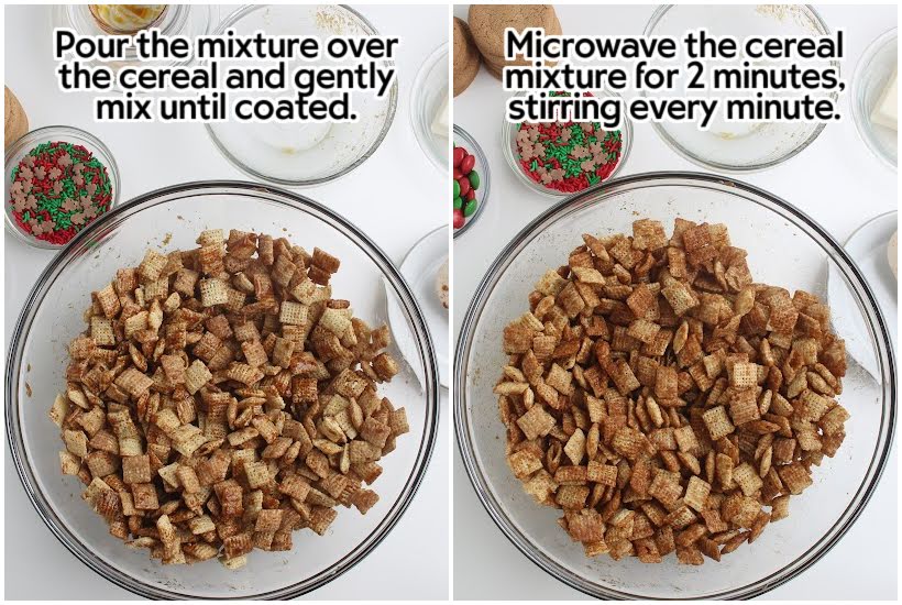 Two photo collage of adding the butter spice mix to the cereal the mix after microwaving with text overlay.