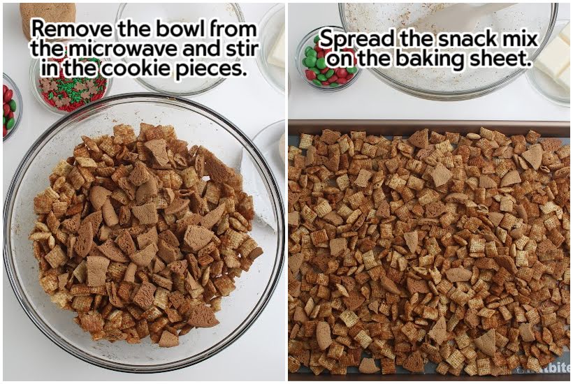 Two photo collage of the cereal and cookies in a bowl and the mix on a rimmed baking sheet with text overlay.