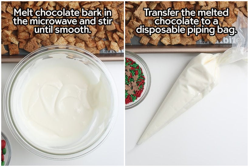 Two photo collage of melting the white chocolate bark and showing it in a piping bag with text overlay.