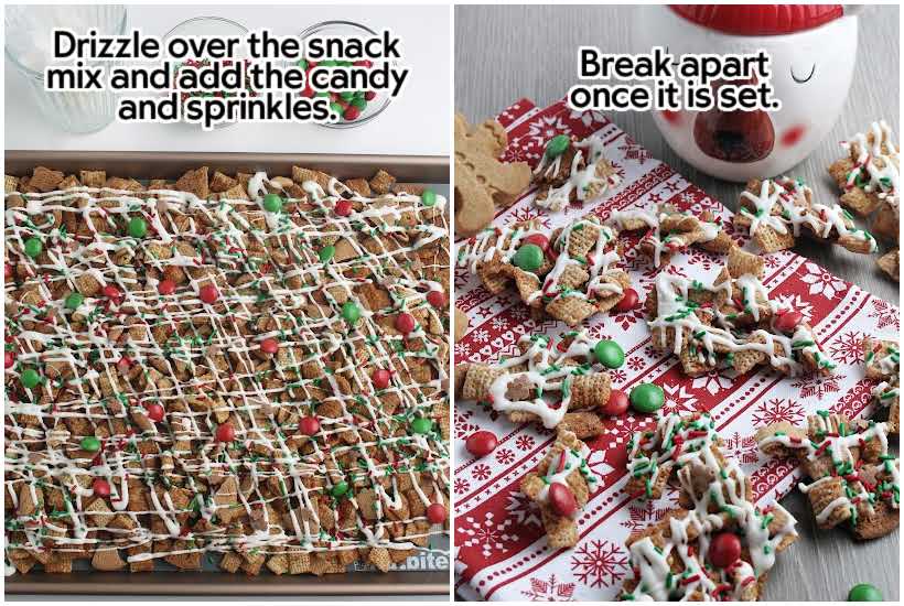 Two photo collage of drizzling white chocolate over the snack mix and breaking it into pieces with text overlay.