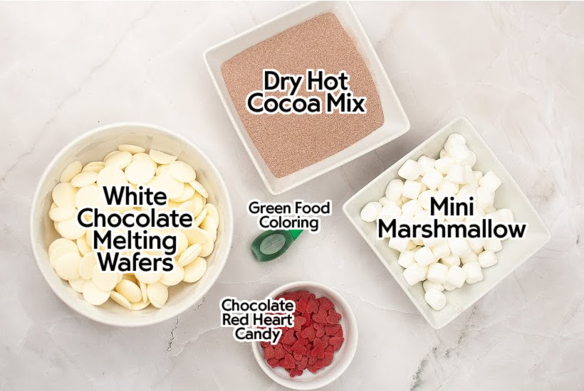 Ingredients to make hot cocoa bombs with text labels.