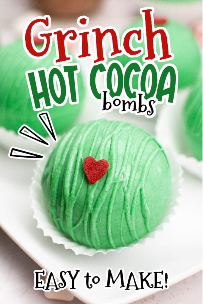 Closeup view of a Grinch hot chocolate bomb with text overlay.