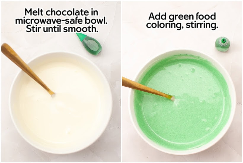 Two photo collage of melting the white chocolate and adding the green food coloring with text overlay.