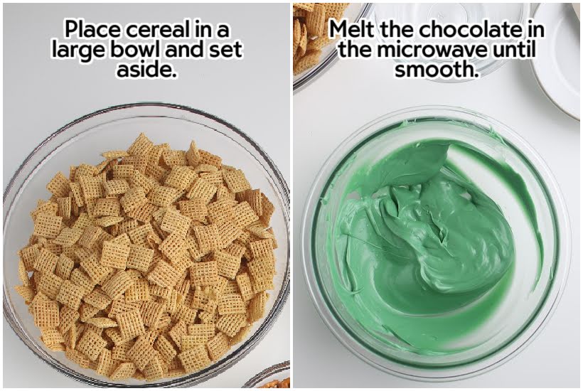 Two photo collage of Chex cereal in a bowl and melted green candy melts in a bowl with text overlay.