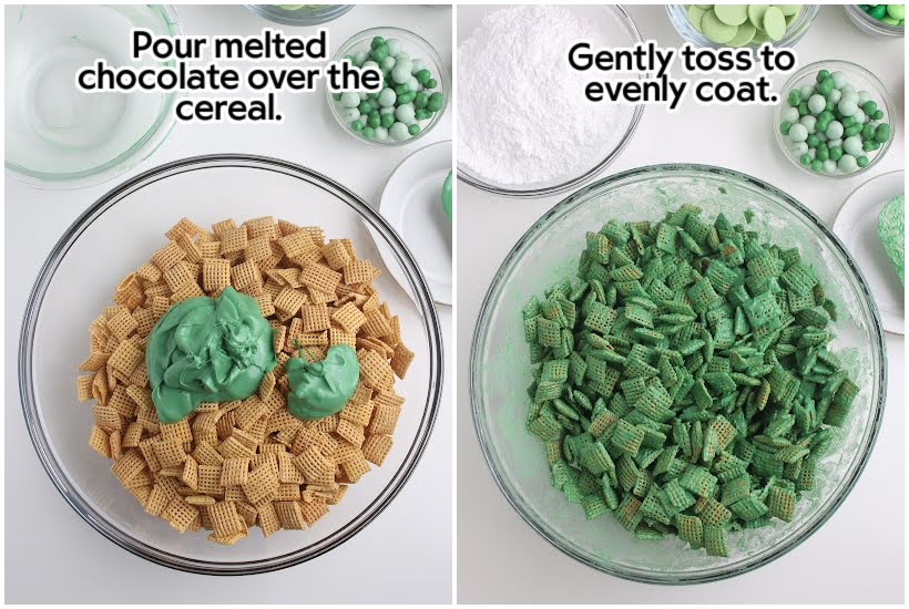 Two photo collage of melted chocolate being added to the cereal and after it's mixed to coat the cereal with text overlay