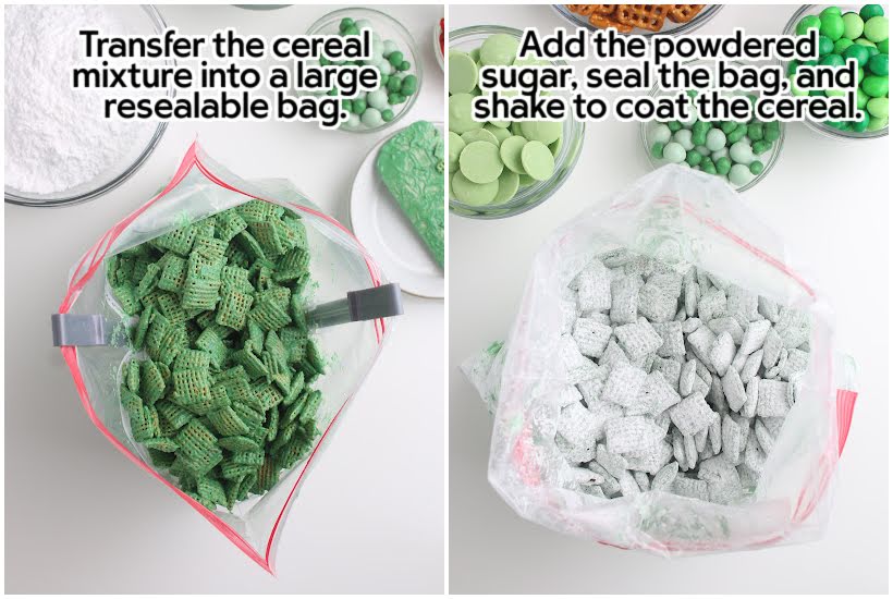 Two photo collage of the coated cereal in a plastic bag and adding the powered sugar with text overlay.