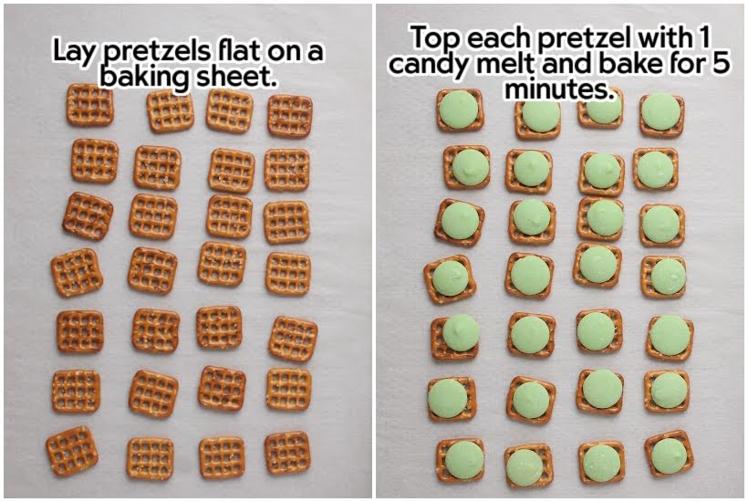 Two photo collage of square pretzels on a baking pan and with a melted green candy melt with text overlay.