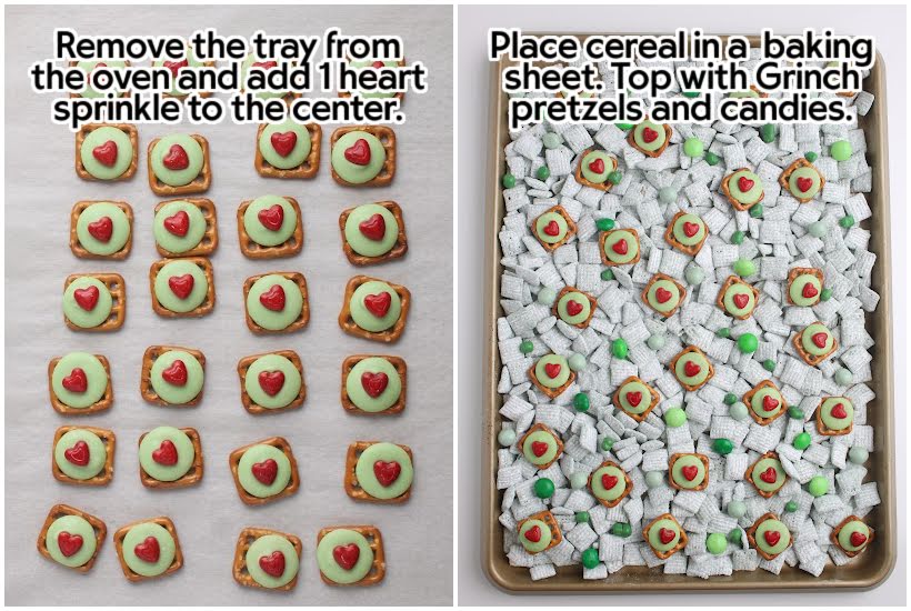 Two photo collage of Grinch pretzel bites on a pan and added to the snack mix with the green candies with text overlay.